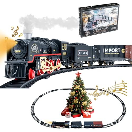 CYZAM Christmas Train Set with Smoke, Light & Sound, Railway Track Electric Train Around Under Christmas Tree, Toddler Model Trains for 3 4 5 6 7 8 Years Old Kids Toys Gifts