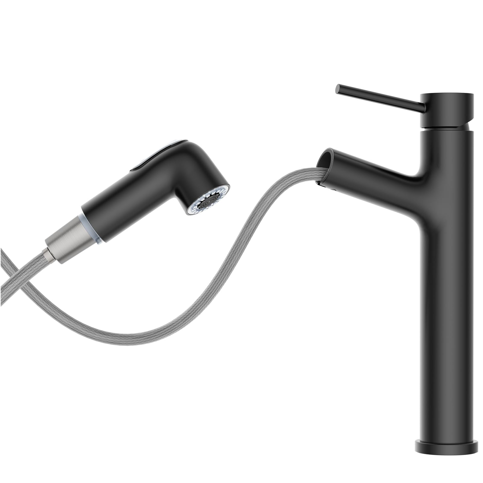 HURRAN Rubinetto Bagno Lavabo, Miscelatore Alto per Lavabo, Miscelatore Estraibile con 2 Modalità di Erogazione, Rubinetto Bagno Monocomando in Acciaio Inox, Nero Matte