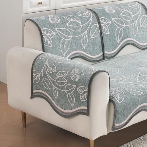 Image of HOKIPO Complete (Seat+Back+Arm) Sofa Mat Set for 3 Seater Sofa |Premium Chenille Sofa Covers with Curve Edges, 'Serene Curves Series' - Celestical Leaves (IN-997+1002+1001 * 2 - D4)