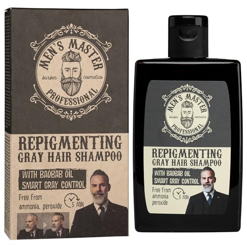 Men s Master Champú Repigmentante para Hombres con Canas | Con Aceite de Baobab y Coloración en 5 min | Aporta un Tono Gris Claro Natural | Sin Amoníaco, Sin Oxidante y Sin Peróxido | 120 ml