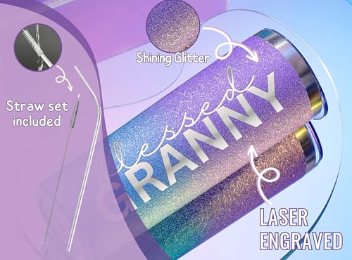 Image of Onebttl Christian Grandma Gifts for Mother's Day, 20oz Purple & Blue Glitter Skinny Tumbler, Straw & Lid Included, Granny Gifts - Blessed Granny