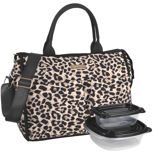Jessica Simpson Women’s Lunch Bag for Work Insulated with Containers, | Wide Open Crossbody Lunch Bags with Pockets, Straps (Luxurious Leopard)