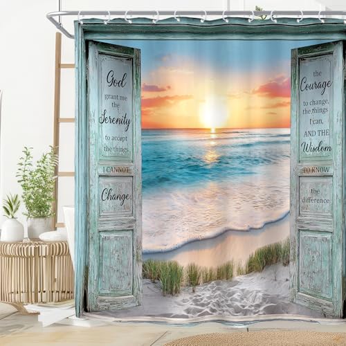 Riyidecor Inspirational Quote Shower Curtain for Bathroom Decor 72Wx72H Ocean Beach Teal Barn Door Hawaiian Sunset Scenery Sea Wave Rustic Art Printed Fabric Polyester Waterproof 12 Pack Plastic Hooks