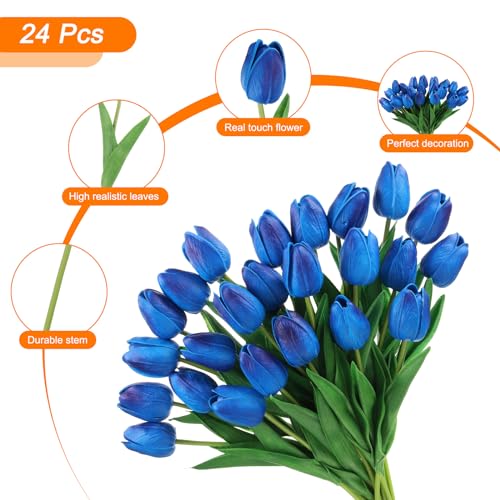 Flores artificiales de tulipanes azules decorativos con tallos para jarrón de casa 4