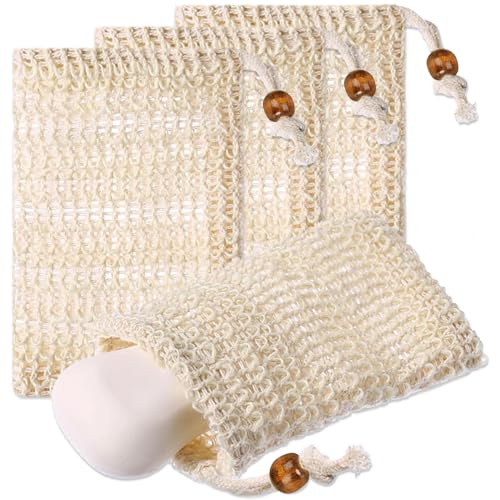 Lot de 4 sacs à savon en sisal, produit naturel beige, avec cordon de serrage, idéal pour le bain, facile pour le voyage