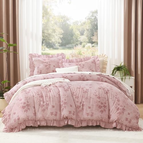 Image of Litanika Grey Pink Queen Comforter Set, 3 Pieces Ruffle Floral Farmhouse Bedding Comforter Set, All Season Soft Lightweight Fluffy Microfiber Bed Set(90x90In Comforter, 2 Pillowcases)