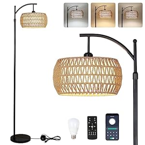 Arc Floor Lamp with Remote Control, Dimmable LED Floor Lamp with 3 Color Temperature, Black Standing Lamp with Rattan & Fabric Double Drum Shade, Boho Farmhouse Tall Pole Lamp for Living Room Bedroom
