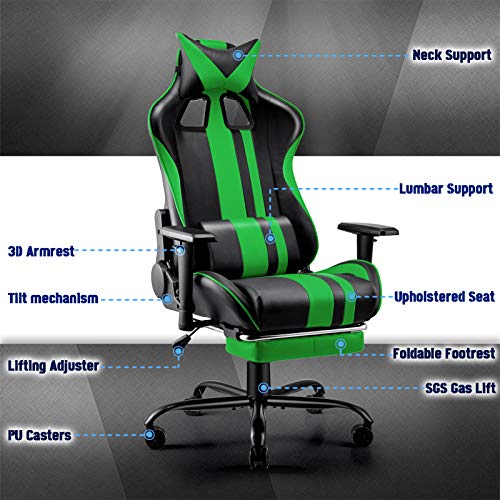 Soontrans-Silla-Gamer-Ergonomica-Silla-Gaming-Oficina-Racing-Sillon-Gamer-Despacho-Profesional-con-Reposapies-Soporte-Lumbar-Reposacabezas-Altura-Ajustable-Reposabrazos-Verde
