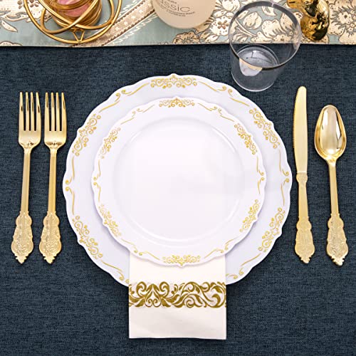 Supernal 800Pcs Gold Dinnerware Set,100Pcs 10.25" Gold Rim Dinner Plates,100Pcs 7.5" Gold Dessert Plates,400 Gold Plastic Silverware,100 Gold Cups,100 Gold Napkins,100 Guest Dinnerware Set #TOP2