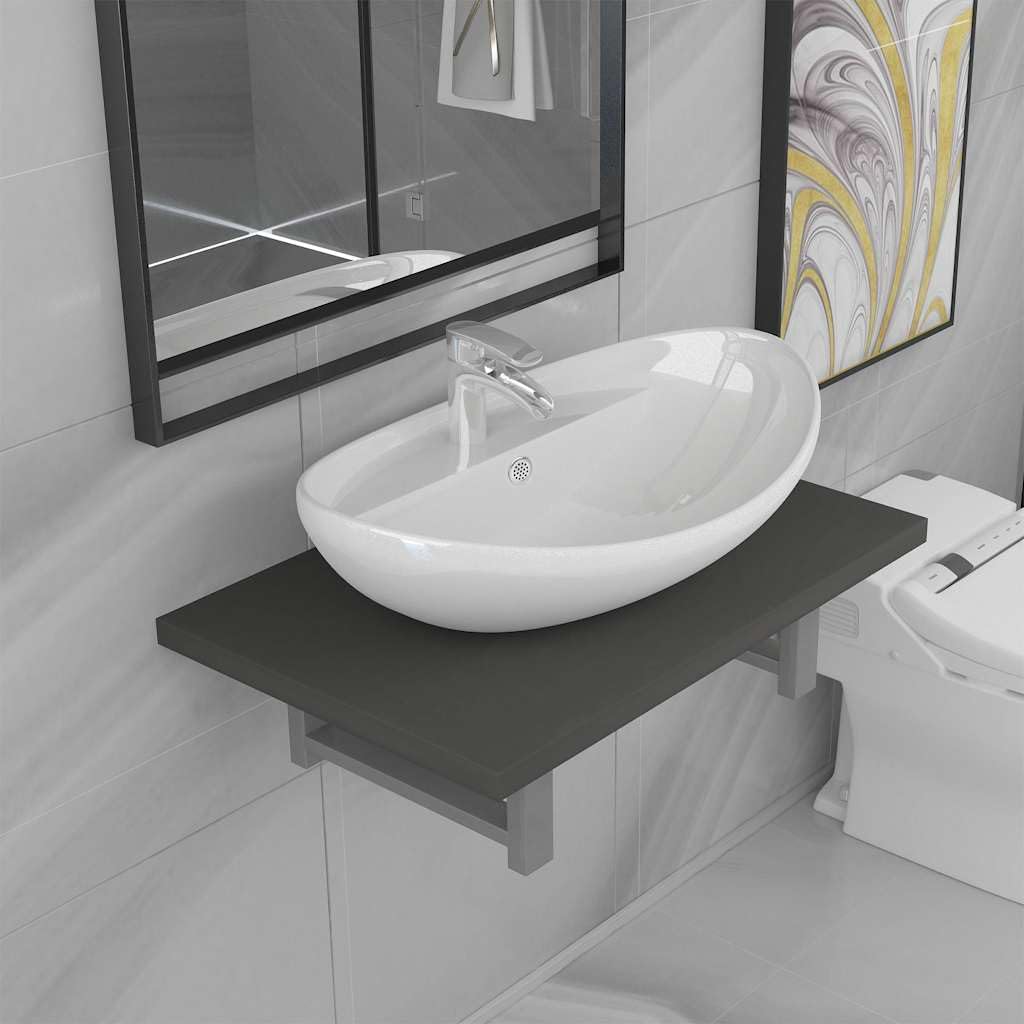 Juego de 2 muebles de baño ovalados con estante de pared y lavabo de