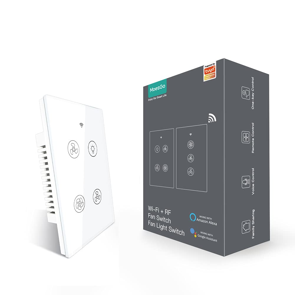 MoesGo WiFi RF Smart Ceiling Fan Light Switch, Work with Smart Life/Tuya APP, Control Speed Control Alexa and Google Home Compatible White