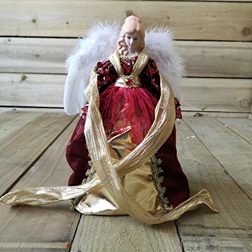 Décoration traditionnelle pour le sommet du sapin - En forme d'ange doré et rouge avec des ailes en plumes - 30 cm Cover