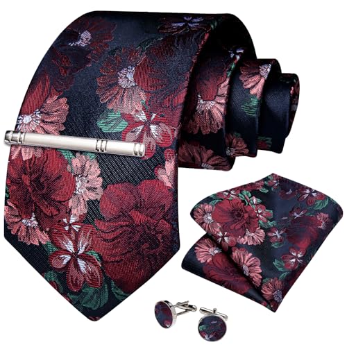 Image of DiBanGu Silk Floral Ties for Men Woven Paisley Necktie and Tie Clip Handkerchief Cufflinks Set for Party Wedding