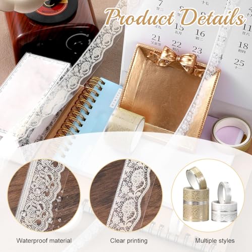 Image of HASTHIP Washi Tapes - 6pcs Vintage Lace Decorative PET Tape Set Multi Size, 8 /12 /18 /25(mm) Width Decorative Tape Washi Tapes Floral for Scrapbooking, Journaling(16.4ft Per Roll)