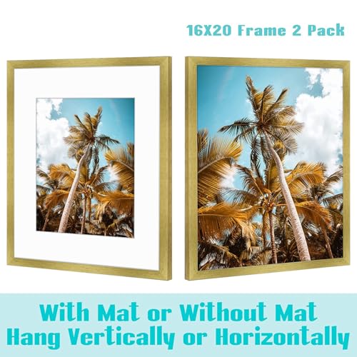Image of Frametory, 16x20 Picture Frame with Mat for 11x14 Picture- - High Definition Glass Wide Molding - Preinstalled Wall Mounting Hardware (Gold, 1 Pack)