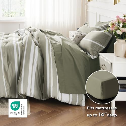 Image of Bedsure Queen Comforter Set 7 Pieces, Olive Green Striped Bedding Set for All Seasons, Reversible, Cationic Dyeing Bed in a Bag with Comforter, Sheets, Pillowcases & Shams