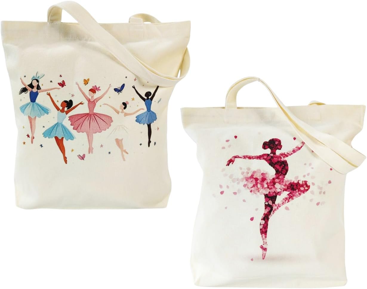 Set of 2 Heavy Duty Canvas Tote Bags for Women, Reusable Cotton Shopping Bags with Book and Dance Prints