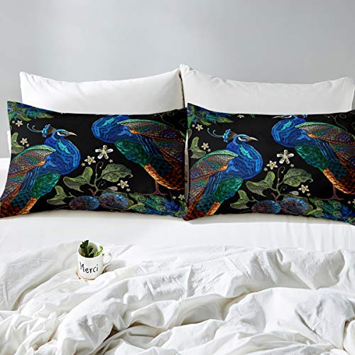 Loussiesd Chinese Style Bedding Set Watercolor Peacock Printed Duvet Cover Set for Kids Adults Boho Feather Comforter Cover Botanical Leaves Branches Quilt Cover Bedroom Collection 3Pcs King Size - Image 3