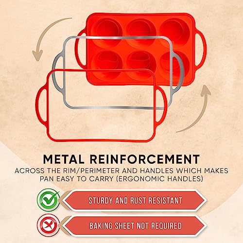 Bake Boss Extra Large Muffin Pan - Jumbo Texas Size Muffin Tin - Extra Large Cupcake Pan - 6 Cup Extra Large Silicone Muffin Pan - Red #TOP2