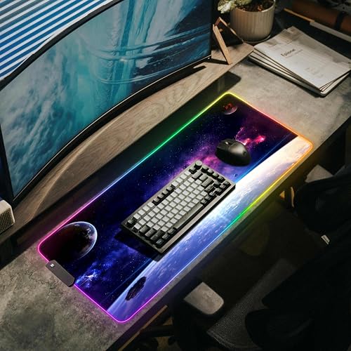 Image of Gerlos RGB Gaming Mouse Pad, Large LED Desk Mat, 31.5 x 11.8 Inch | 12 light modes, non-slip base, water-resistant surface, stitched edges