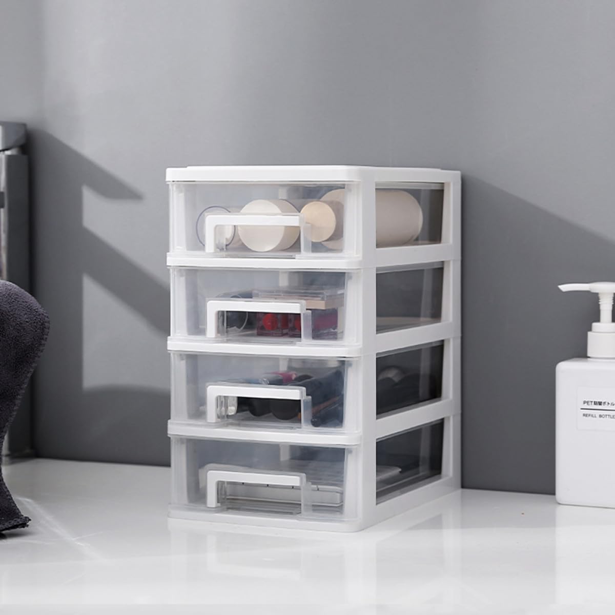 Lurrose Cassettiera Plastica a 4 Strati Cassetti per Organizzazione Desktop, Leggera, Bianca, Contenitore Multifunzionale per Studio e Ufficio