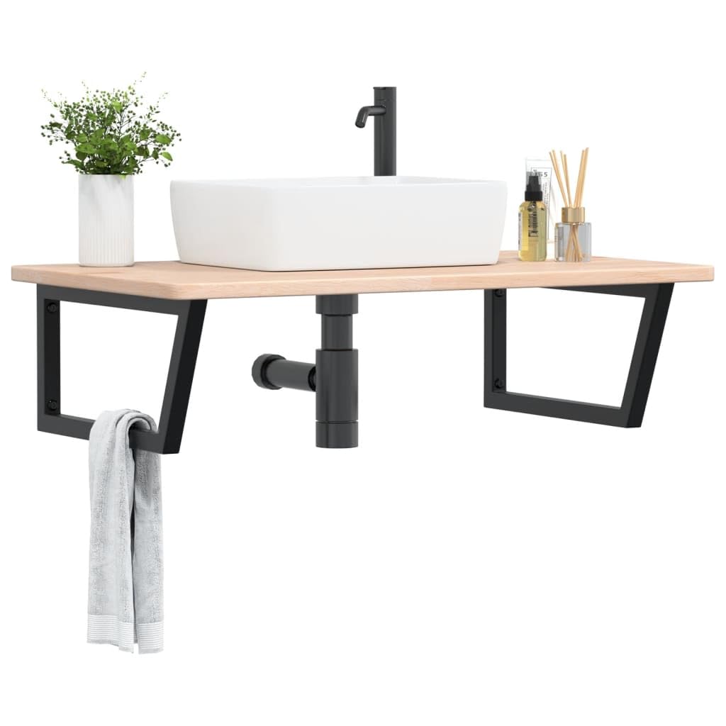 Piano lavabo con supporto in acciaio e rovere massiccio, 100 x 60 x 2,5 cm, montaggio a parete, portata fino a 100 kg, salvaspazio, per bagno e WC degli ospiti