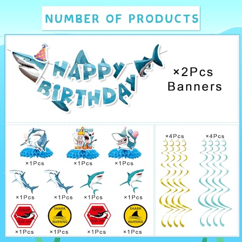 Image of Shark Birthday Party Decorations, 13Pcs Shark Banners Hanging Swirl Birthday Honeycomb Centerpiece, Under The Sea Themed Party Decorations for Boys