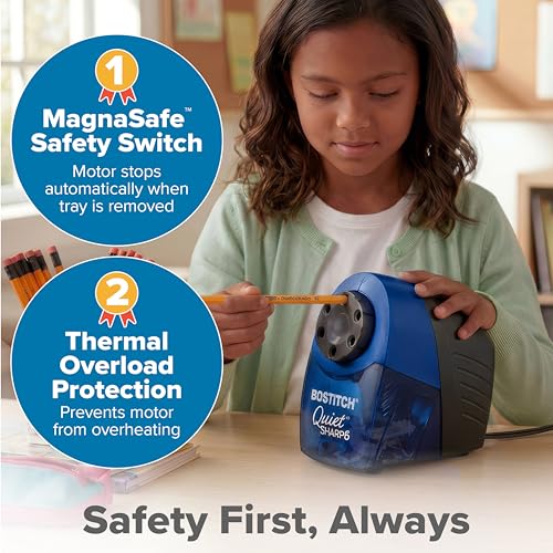 Bostitch Office QuietSharp 6 Electric Pencil Sharpener, Heavy Duty Classroom Sharpener, Size Selector with 6 Different Sizes, For Colored & Graphite Pencils, Blue