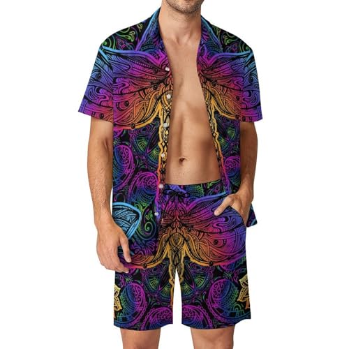 Chemise hawaïenne libellule colorée ensemble homme 2 pièces léger avec short et pantalon S