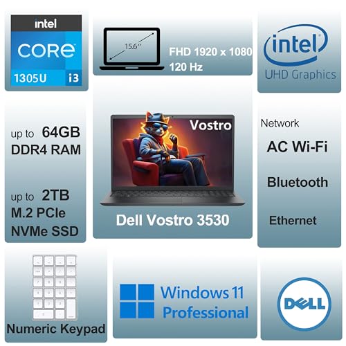 Image of Dell 15 Laptop Computer for Business and Student, Intel Processor (Beat i5-1145G7), 16GB DDR4 RAM, 512GB PCIe SSD, Vostro 3530 15.6 inch 120Hz FHD, WiFi, Bluetooth, Type-C, HDMI, Webcam, Windows 11 Pro