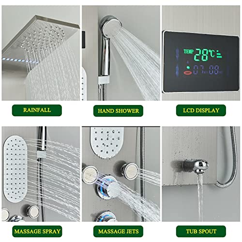 Alenart Shower Panel Tower System Led Multi-Function Shower Panel With Rainfall Waterfall Massage Jets Stainless Steel Tub Spout Hand Shower,Brushed Nickel #TOP1