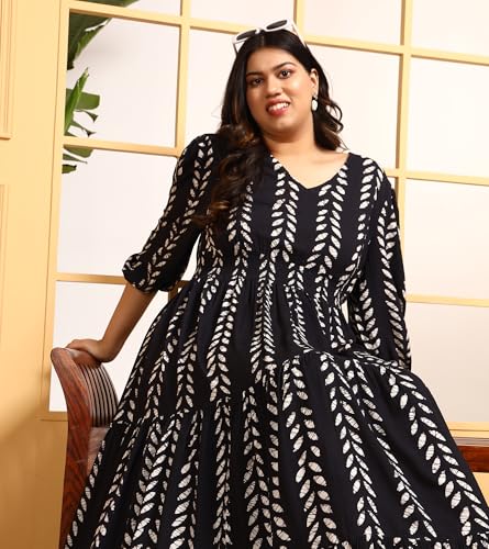 Image of DEEBACO Women's Plus Size Solid Rayon Tiered Maxi Dress|3 /4 Sleeve|V-Neck|Casual Trending Stylish Long One Piece Dresses Women Western