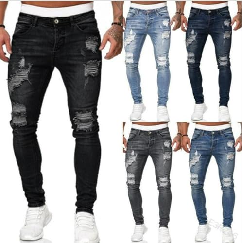 Jeans Pants Trousers Denim Ripped Holes Street Trendy Washed Polished White Elastic Tight Fitting Men4