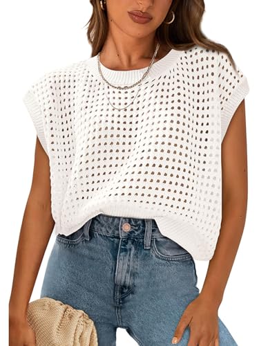 Image of Womens Crochet Cap Sleeve Sweater Summer Crew Neck Casual Hollow Out Knit Tops Pullover Trendy Beach Cover Ups Outfits