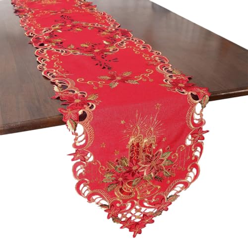 Image of Grelucgo Embroidered Elegant Christmas Table Runner, Red Polyester with Embroidered Poinsettia Design, Scalloped Border (14x54 Inches)