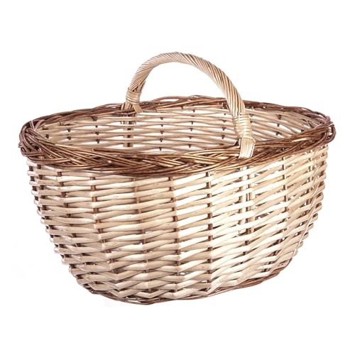 Cesta de Mimbre Grande Bicolor con Asa. 2 Tamaños a Elegir. Cesta de Almacenaje Multiusos. Ideal para Recolección de Setas, Frutas, Verduras, Madera o Decoración Vintage (Bicolor 45 x 33 x 32 cm)