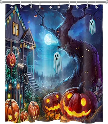 Lb Halloween Shower Curtain For Bathroom Scary Ghost On Tree Pumpkin Lantern Haunted House Shower Curtains Hooks All Saints' Day Night Bathroom Curtain Set,59X70 Inch Waterproof Fabric #TOP2