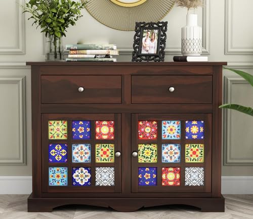 Image of Sheesham Wood Sideboard Cabinet for Living Room - Solid Wooden Storage Cabinet with 2 Drawers & 4 Shelves - Multipurpose Sideboard for Bedroom Dining & Home Furniture (Jack)