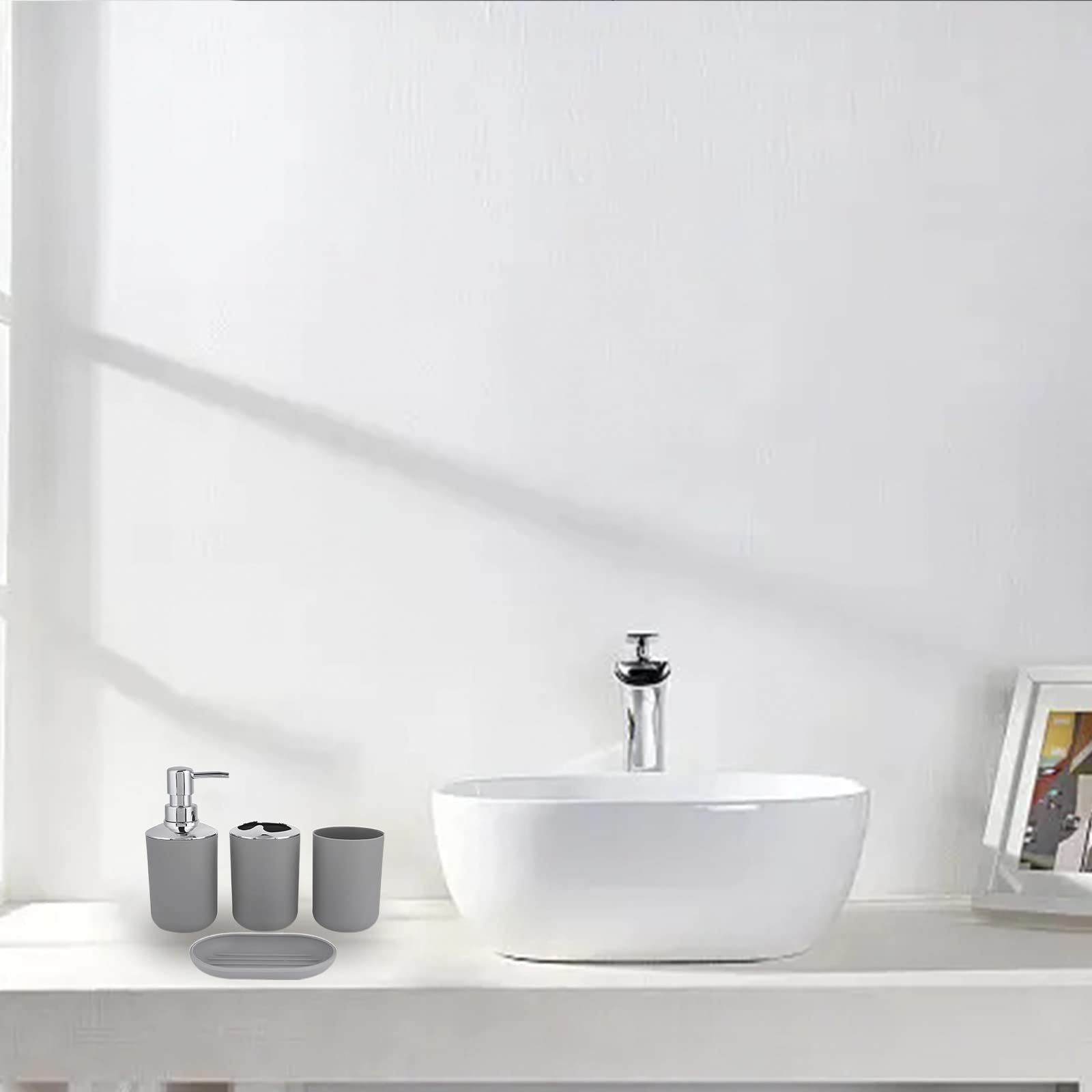 Hosoncovy 4 Pieces Bathroom Accessory Set including Soap Dispenser, Bathroom Cup, Soap Dish ,Toothbrush and Toothpaste Holder (Grey) - Image 3