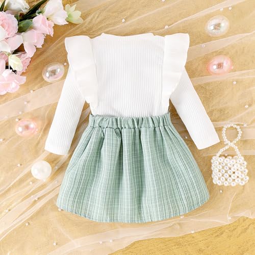 Kids Toddler Girl Fall Clothes Baby Crew Neck Solid Knitted Pullover Top A-Line Button Plaid Skirt Dress 2Pcs Oufits3