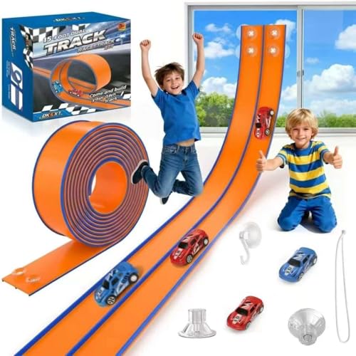 DKOXT 15 Ft Flexible Race Track for Kids, DIY Car Track Set with 2 Toy Cars & 3 Suction Cup Ramps, Easter Basket Stuffers for Teens & Boys Girls, Creative Easter Gifts for Kids, Orange