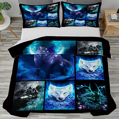 Toptree White Wolf Howling Comforter Set Full Size, 3Pcs Full Moon Galaxy Wolf Bedding Set For Boys Girls, Forest Animal Wolf Moon Pattern Bed Set, 1 Full Comforter 2 Pillowcasess #TOP3