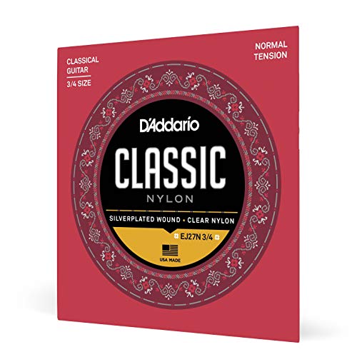 Cuerdas de nylon para guitarra clásica D'Addario Student, EJ27N, tensión normal, escala 3/4, juego de 6 cuerdas, paquete de 1
