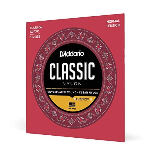 Cuerdas de nylon para guitarra clásica D'Addario Student, EJ27N, tensión normal, escala 3/4, juego de 6 cuerdas, paquete de 1