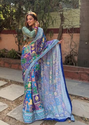 Image of Sidhidata Women's Chinon Ajrakh Printed Mirror Patch Work Saree With Unstitched Blouse Piece (Rangrez Blue Blue Free Size)