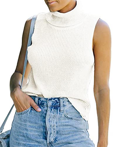 Image of Womens Sleeveless Sweater Vest Turtleneck Ribbed Knit Tank Tops Basic Slim Fit Top