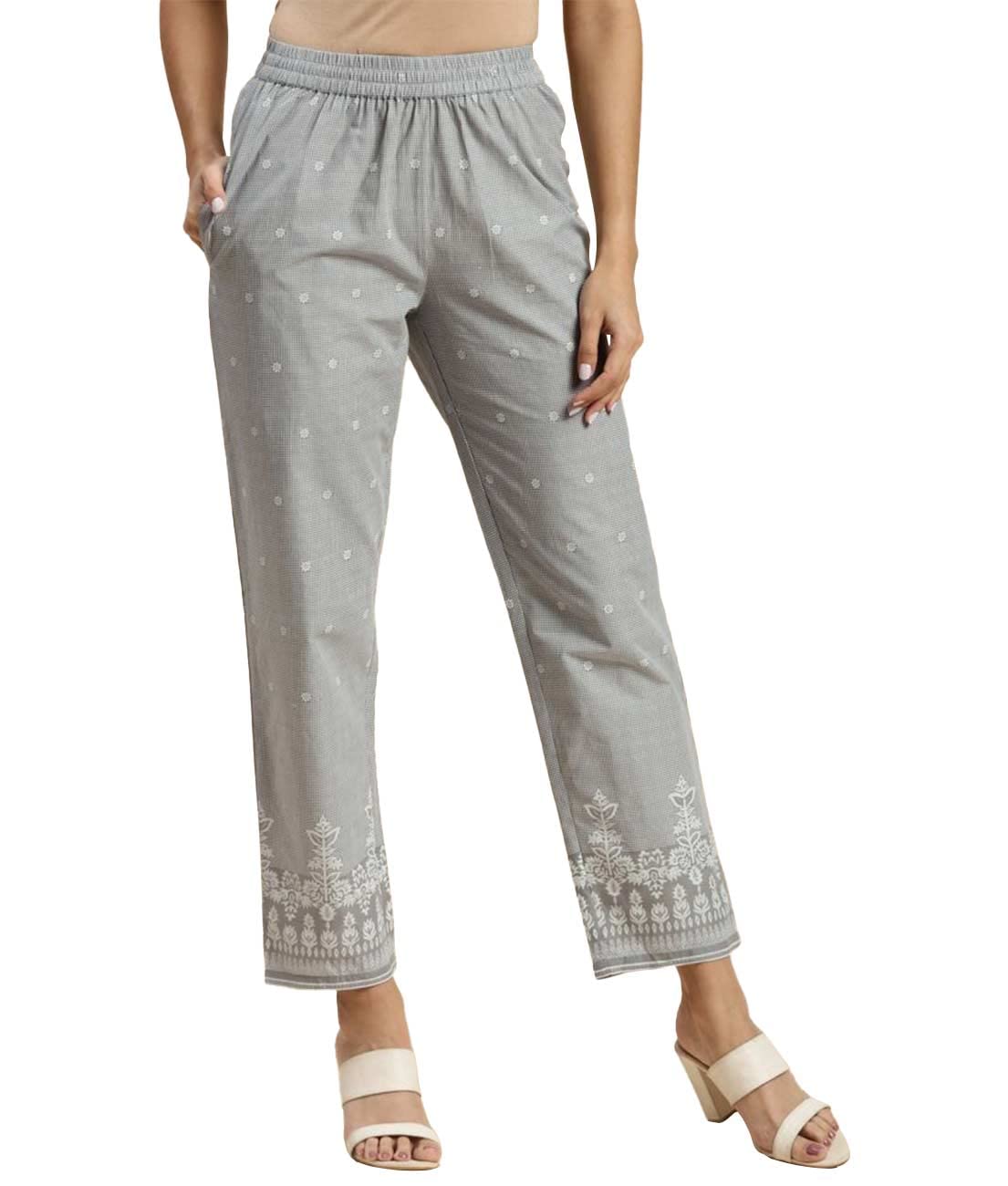 rangitaWomen 100% Cotton Light Grey Printed Ankle Length Straight Pant
