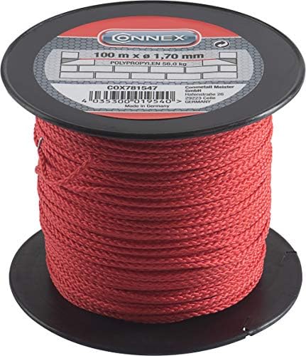 Connex Maurerschnur rot – 100 m Länge – Polypropylen geflochten | Knotenfest – Reißfest und Belastbar – Auf Spule – Richtschnur – Bauschnur – Lotschnur – Pflasterschnur – 1,7 mm Du