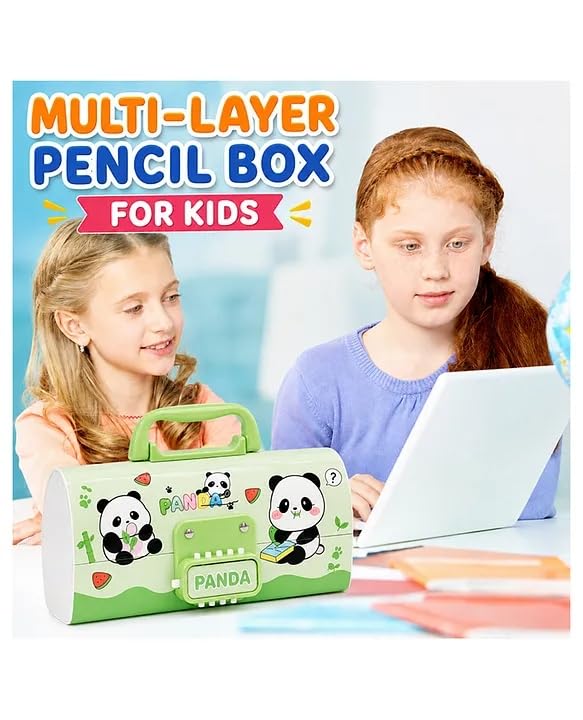 Image of Invite New Cartoon Theme Pencil Box with Push Pull Eraser Set for Kids | Suitcase Style Password Lock Stationery Organizer | School Supplies Gift Combo for Boys & Girls (Panda Green + Eraser)