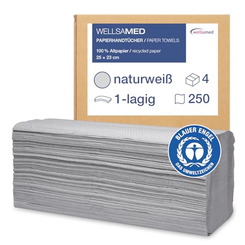 Wellsamed Papierhandtücher 1000 Stück, 25 x 23 cm Naturweiß 1-lagig, ZZ-Falz umweltfreundliche Falthandtücher, Handtuchpapier, Papiertücher